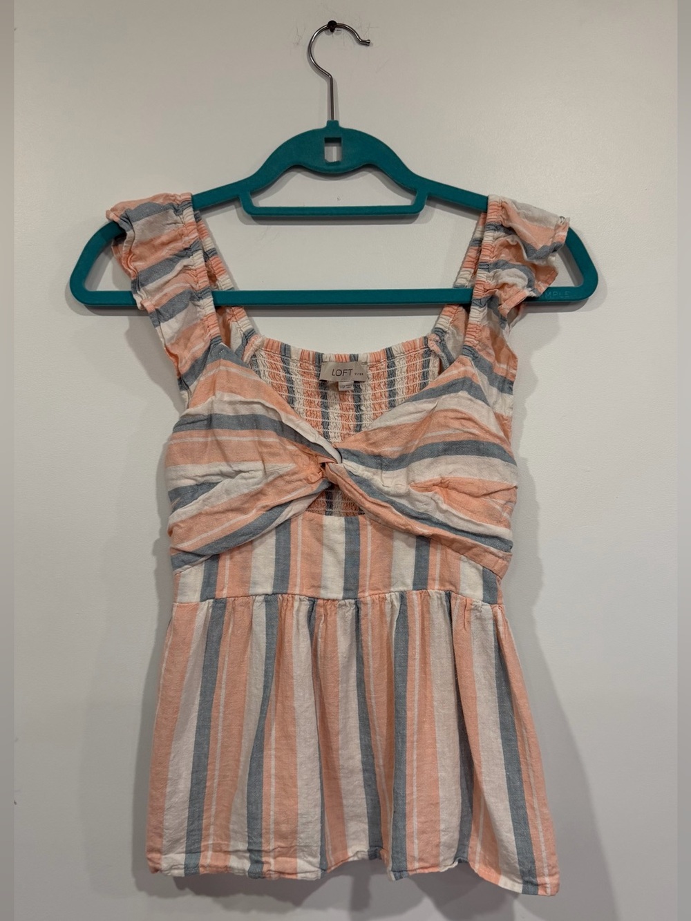 LOFT Linen Blend Ruffle Sleeve Striped Blouse XXSP